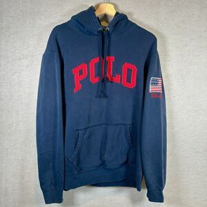 Polo Ralph Lauren Hoodie Mens Large Navy Blue POLO USA Patch Logo Spellout
